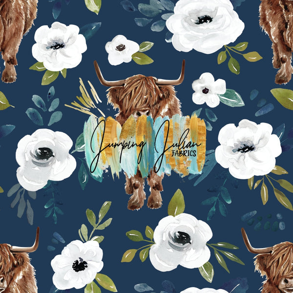 *In-House* Floral Highland Cow on Blue